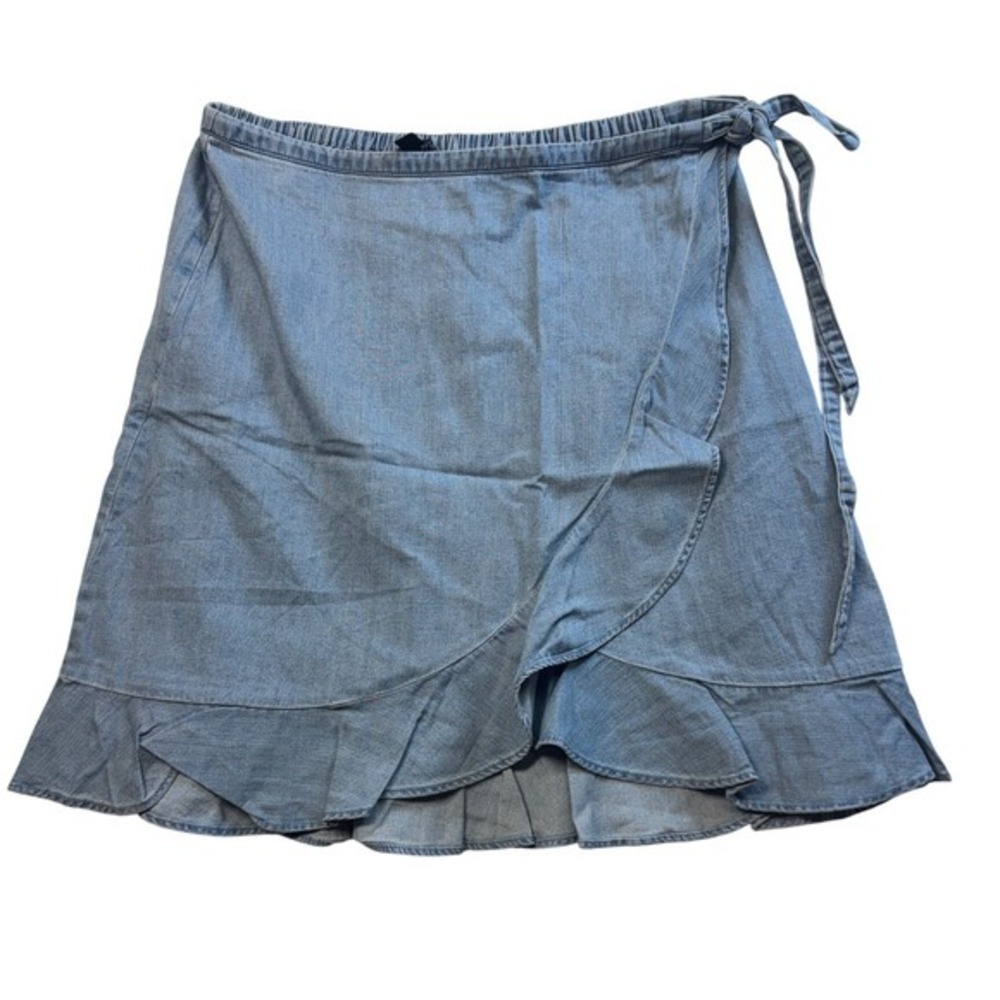 J.Crew Denim Wrap Skirt Ruffle Hem‎ Tie Waist Casual Light Wash Blue Size M NWT